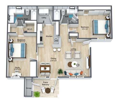 A floor plan of a house with a master bedroom, a study, a living room, a dining room, a kitchen, a pantry, a balcony, and a storage area.
